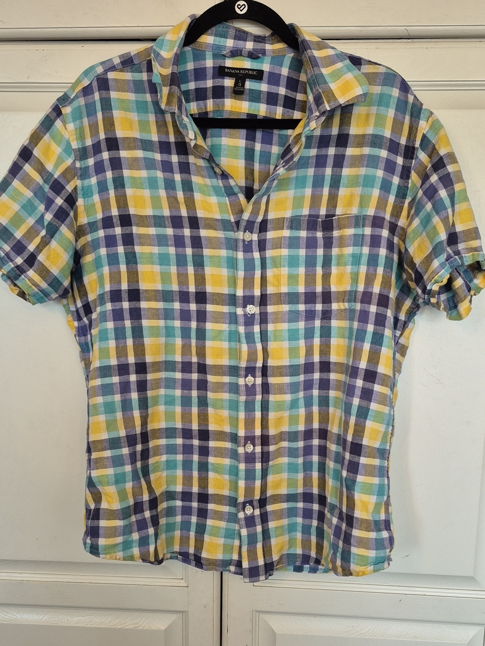 Banana Republic Men's Linen Cotton Short-Sleeve Plaid Button-Down